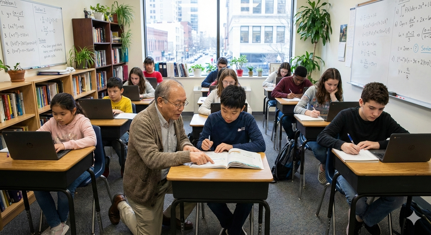 image of a volunteer mentoring teenagers in a tech workshop